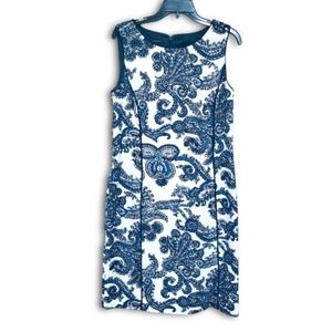 Talbots Women’s Dress 14 Sheath White Blue Paisley Sleeveless Lined Cotton Blend